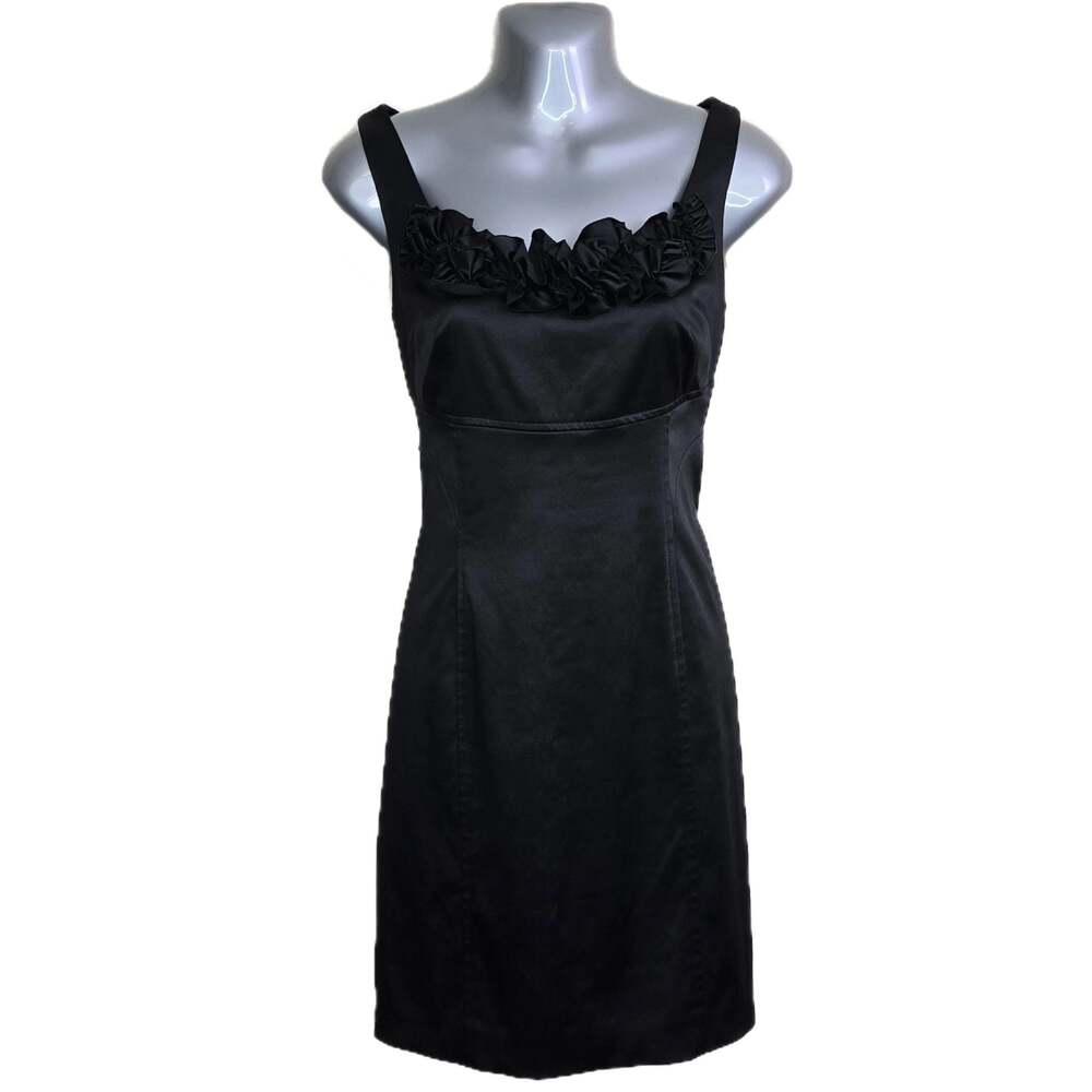 White House Black Market Black Satin Sheath Dress Rosette Neckline Size 6